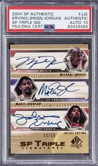 2004-05 UD SP Authentic "SP Triple Signatures" #JJE Michael Jordan/Magic Johnson/Julius Erving Multi Signed Card (#13/15) – PSA Authentic, PSA/DNA 10
